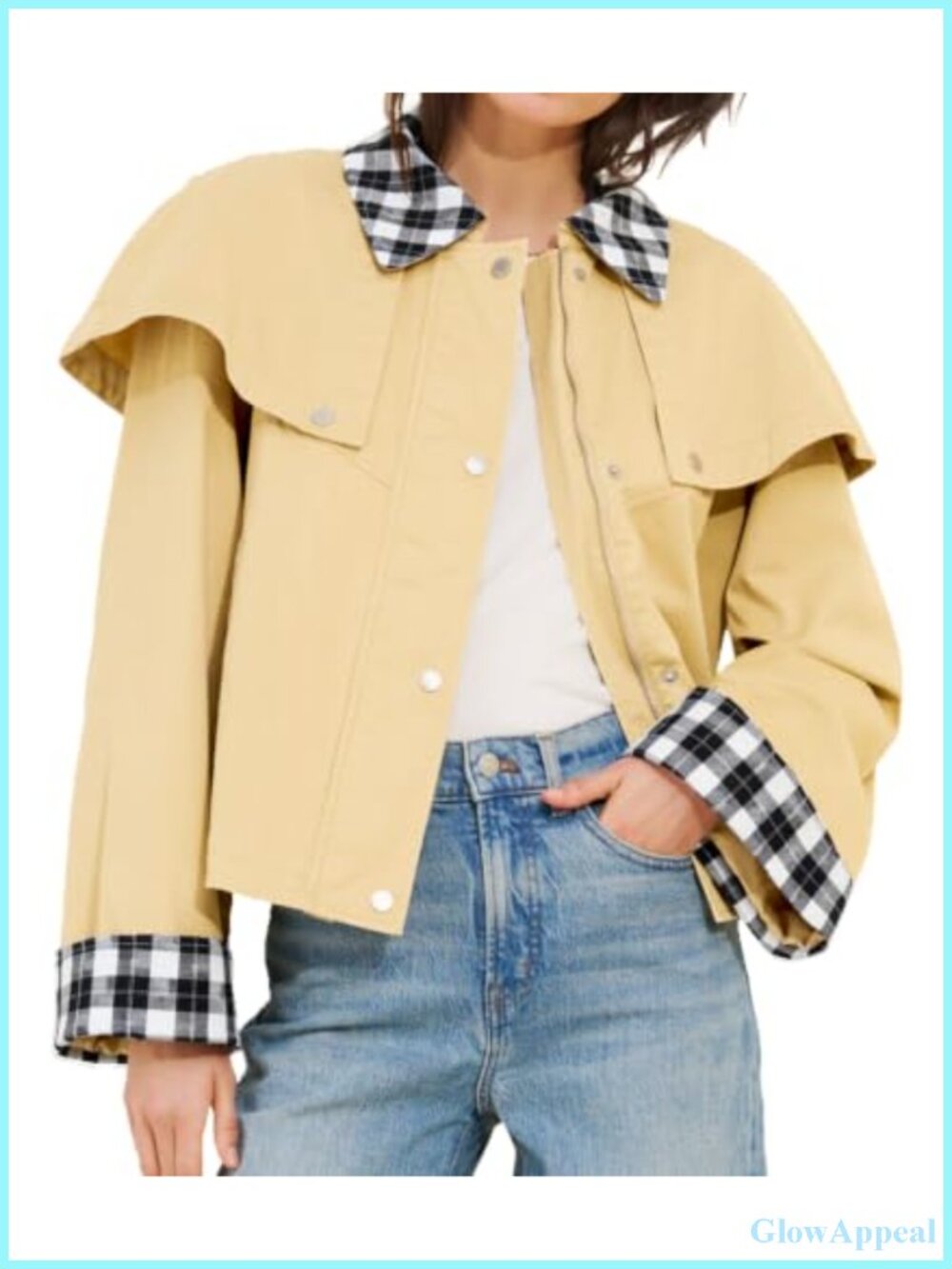 Women's Cropped Trench Coat Lightweight Gingham Cape Jacket